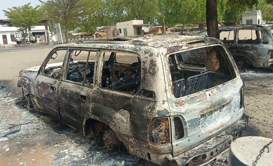 UN vehicles destroyed in an attack by armed fighters in the town of Monguno in Borno state, Nigeria. (file)
