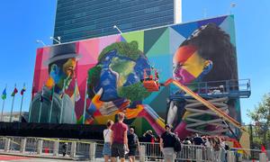 Artist Eduardo Kobra and his team put the finishing touches to his mural on New York’s First Avenue, outside UN Headquarters, dedicated to sustainability and environmental preservation, ahead of UNGA77.