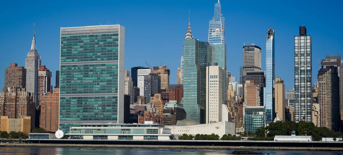 The UN Headquarters (centre left) as seen from across the East River in New York.