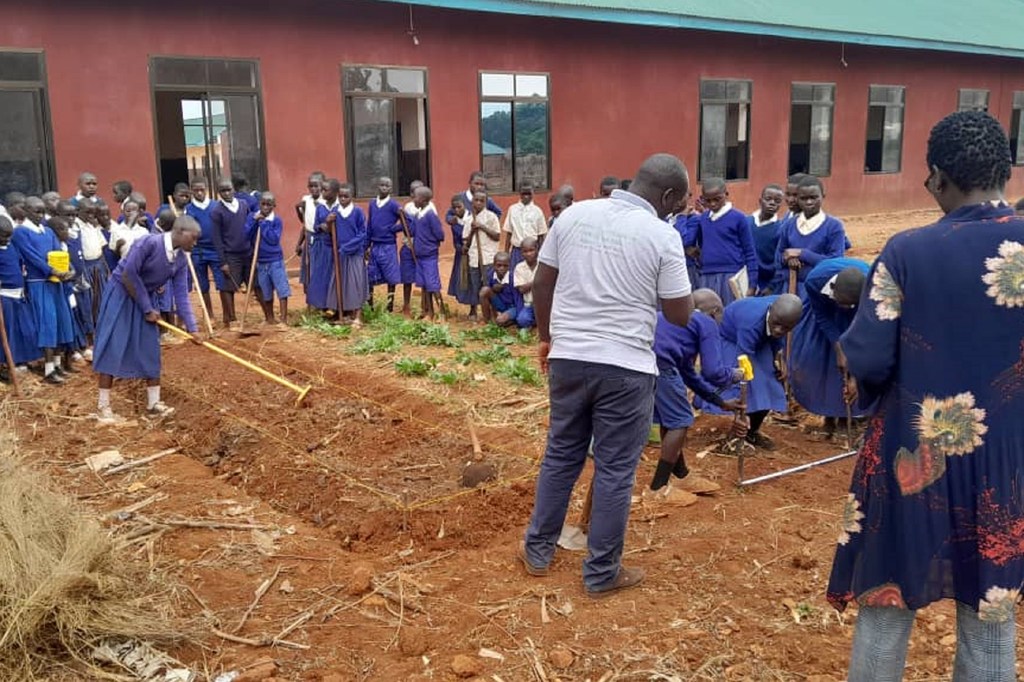 Wanafunzi katika Shule ya Msingi ya Buhigwe huko Kigoma, Tanzania, wanapata mafunzo ya kilimo cha bustani kama sehemu ya mpango wa lishe FAO .
