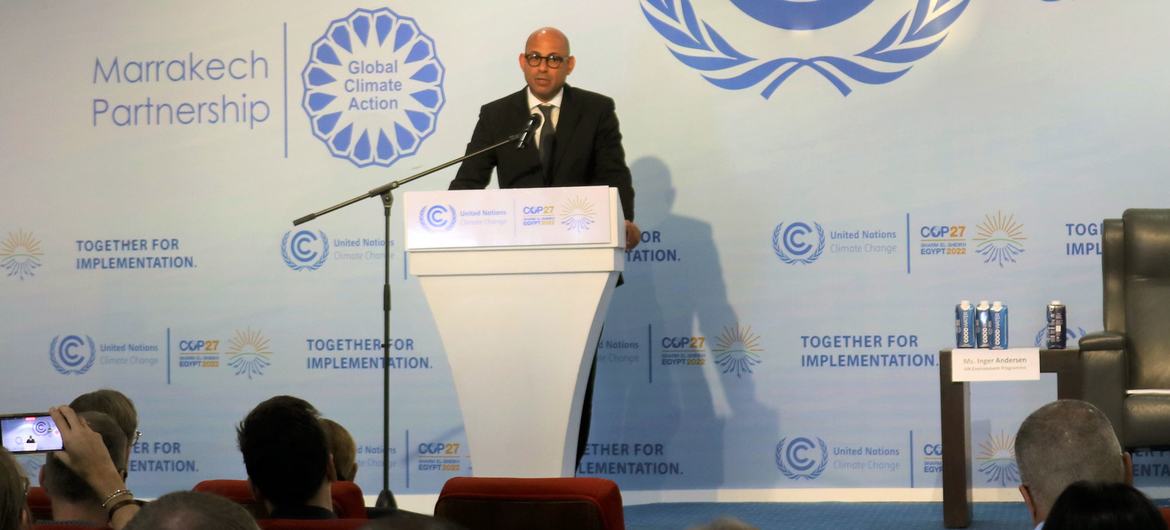 Simon Stiell, UN Climate Change Executive Secretary (UNFCCC), addresses an Emission Gap Report event at COP27, in Sharm El-Sheikh, Egypt.