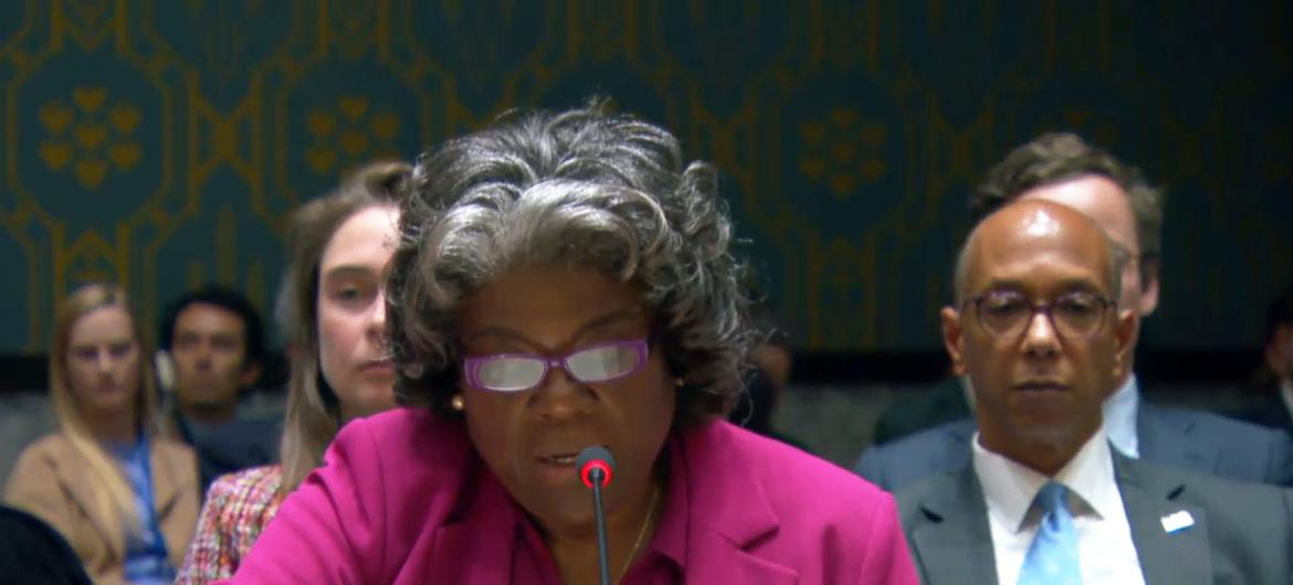 Permanent Representative of the United States Linda Thomas-Greenfield addressing the Security Council.