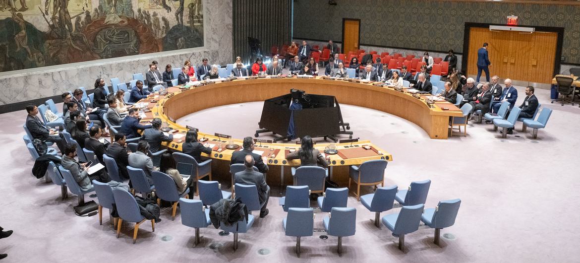 A wide view of the UN Security Council meeting on maintenance of international peace and security.