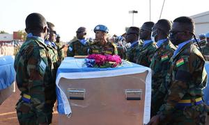 A solemn ceremony was organized in Abyei today in honour of six Bangladeshi peacekeepers killed in action following a drone attack at UNISFA logistics base in Kadugli, South Kordofan.