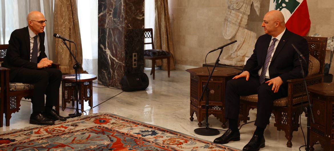 The UN High Commissioner for Human Rights, Volker Türk (left) meets President Joseph Aoun of Lebanon.