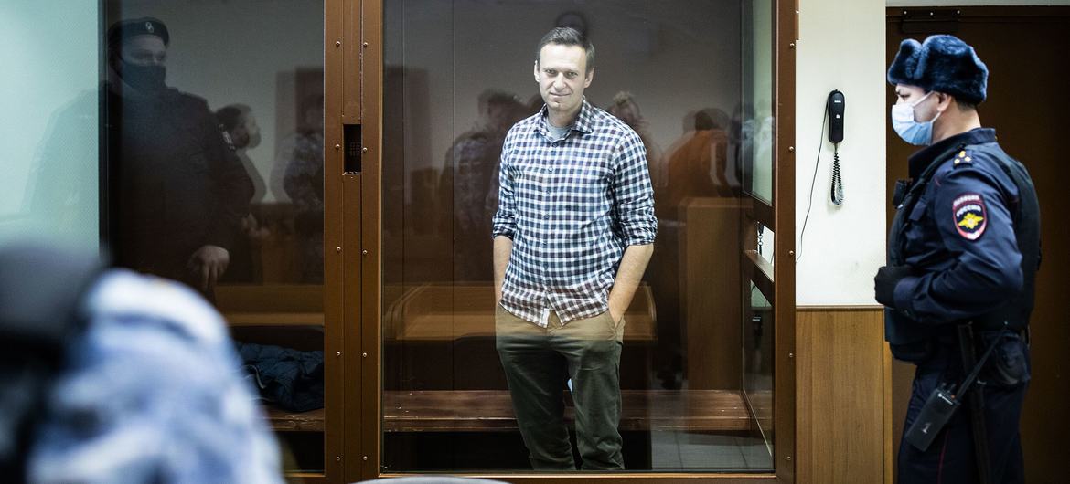 Alexei Navalny appears in court in Moscow on 20 February 2021.