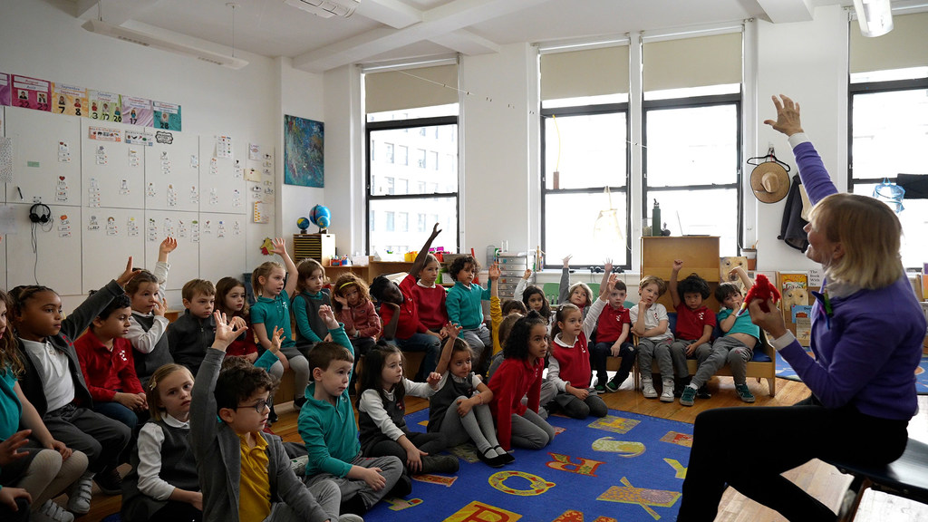 LuAnn Adams, a storyteller, introduces the story of the hummingbird at The École school in New York.