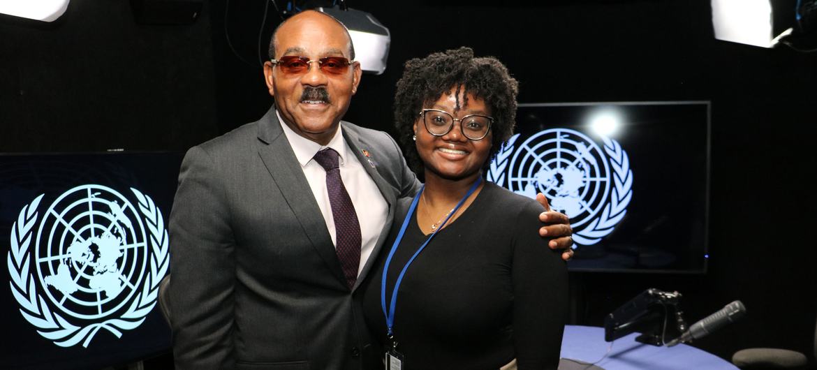 Prime Minister Gaston Browne of Antigua and Barbuda in studios with UN News' Shanae Harte ahead of the 4th International Conference on Small Island Developing States (SIDS4) taking place there from 27-30 May 2024.