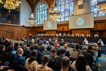 La salle d'audience de la Cour internationale de Justice à La Haye dans l'affaire Afrique du Sud c. Israël.