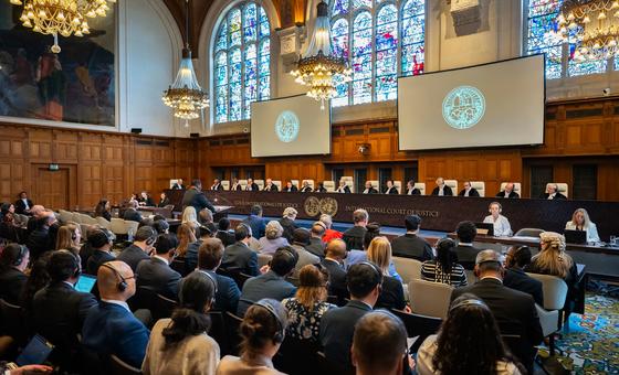 La salle d'audience de la Cour internationale de Justice à La Haye dans l'affaire Afrique du Sud c. Israël.