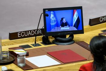 Jeanine Hennis-Plasschaert (à l'écran), Représentante spéciale du Secrétaire général pour l'Iraq, informe la réunion du Conseil de sécurité de la situation concernant le pays.