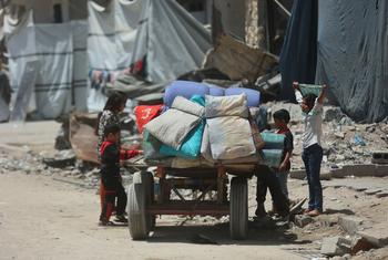 Los hijos de una familia desplazada en la ciudad de Gaza se reúnen en torno a un carro que transporta sus pertenencias.