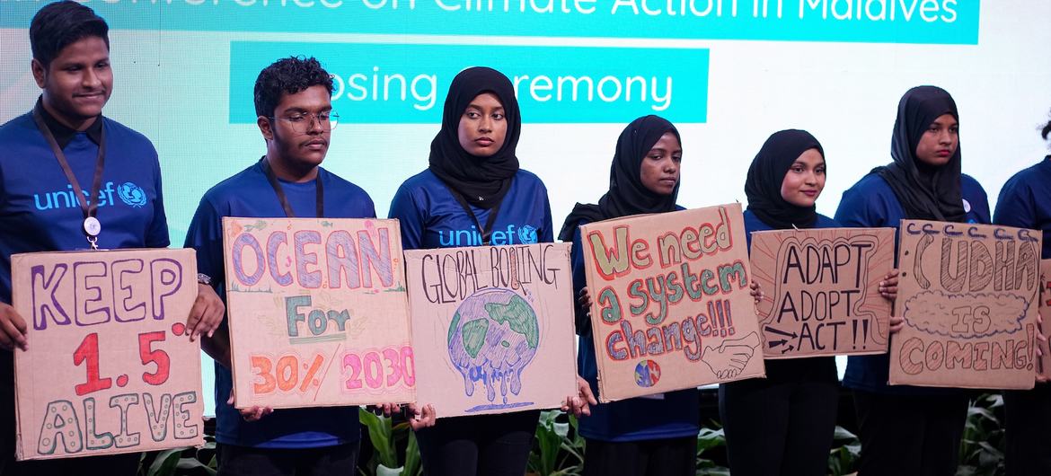 A group of young Maldivians at a national conference as the country prepares for the COP28 climate summit. A group of young Maldivians at a national conference as the country prepares for the COP28 climate summit.