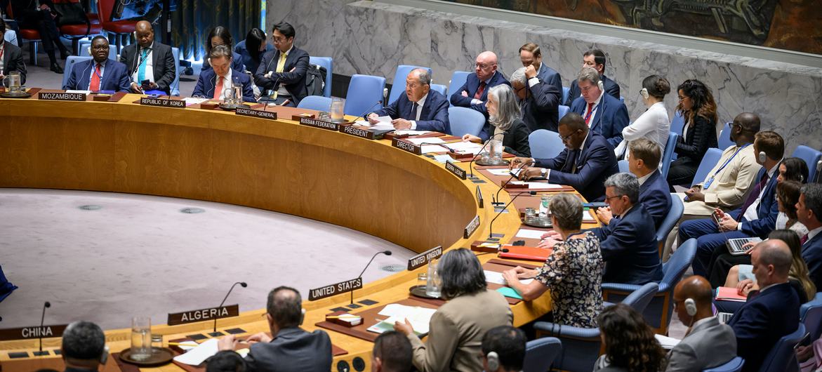 Sergey Lavrov (third from left at table), Minister for Foreign Affairs of Russian Federation and President of the Security Council for the month of July, chairs the Security Council meeting