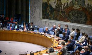 Sergey Lavrov (third from left at table), Minister for Foreign Affairs of Russian Federation and President of the Security Council for the month of July, chairs the Security Council meeting