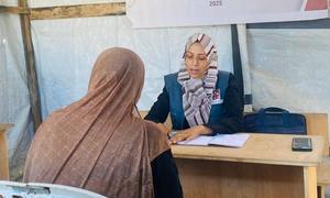 Amal works at the UNFPA-supported Women's Affairs Centre in the Bureij refugee camp. A mother of three children, she has been displaced four times and lost ten family members in the war.