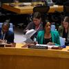 Edem Wosornu (right), the Director of Operations and Advocacy for humanitarian affairs coordination office, OCHA, briefs the UN Security Council.