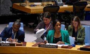 Edem Wosornu (right), the Director of Operations and Advocacy for humanitarian affairs coordination office, OCHA, briefs the UN Security Council.