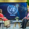 Secretary-General António Guterres (right) is interviewed by Mita Hosali, Deputy Director of the News and Media Division in the UN's communications department.