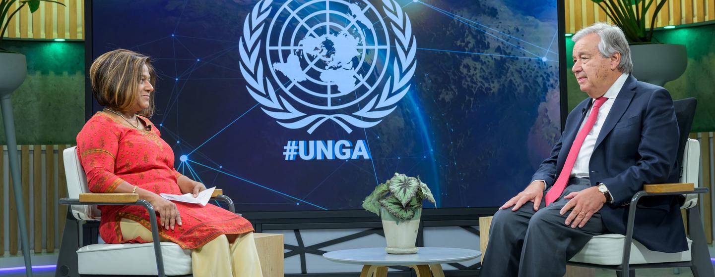 Secretary-General António Guterres (right) is interviewed by Mita Hosali, Deputy Director of the News and Media Division in the UN's communications department.