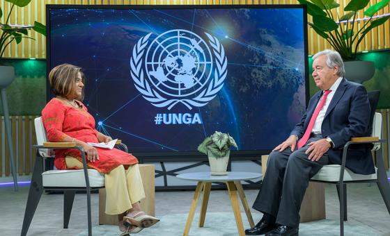 Secretary-General António Guterres (right) is interviewed by Mita Hosali, Deputy Director of the News and Media Division in the UN's communications department.