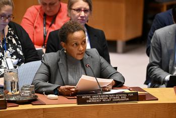 Joyce Msuya, Acting Under-Secretary-General for Humanitarian Affairs and Emergency Relief Coordinator, briefs the Security Council meeting on the situation in the Middle East, including the Palestinian question.