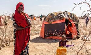 A woman arrives at a displaced persons camp with her eight children, after losing her livestock in the drought in Ethiopia.