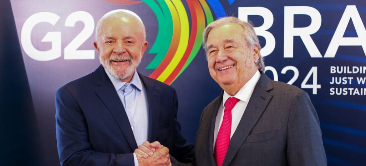 O presidente do Brasil, Luiz Inácio Lula da Silva, reuniu-se com o secretário-geral da ONU, António Guterres, à margem da Cúpula do G20 no Rio de Janeiro (arquivo)