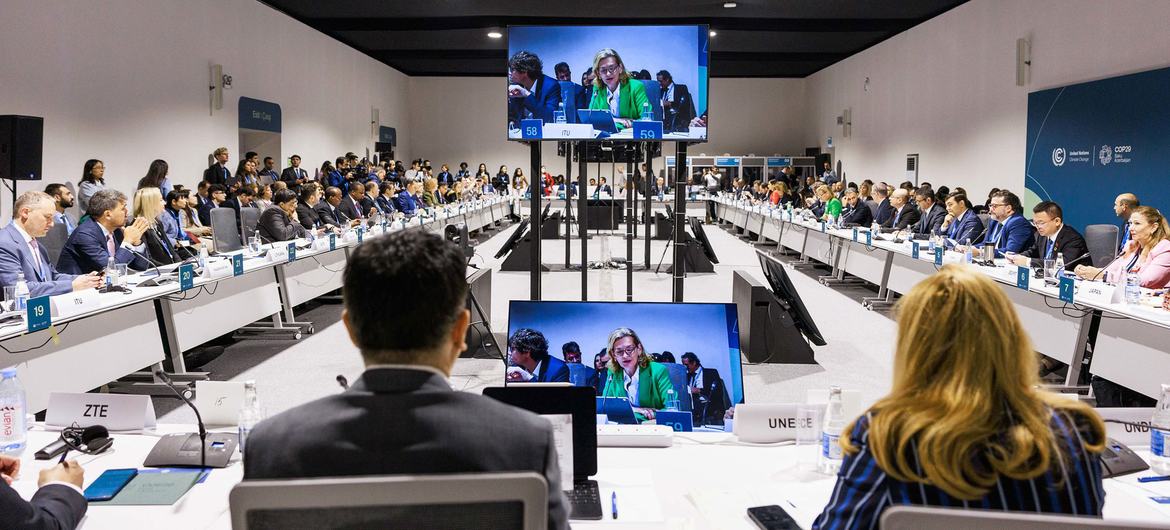 On the first-ever Digitalisation Dayfor a UN climate conference, COP29 in Baku held a roundtable Green Digital Action. Pictured onscreen is ITU Secretary-General Doreen Bogdan-Martin.