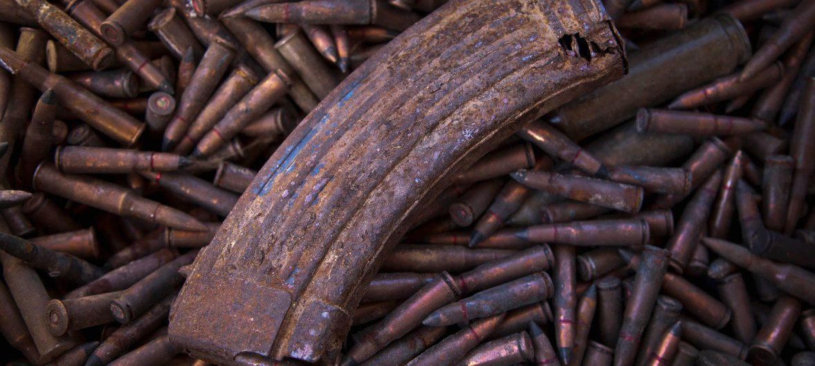 Small arms ammunition at an unexploded bomb crater at Malian Army Camp in Timbuktu, Mali.