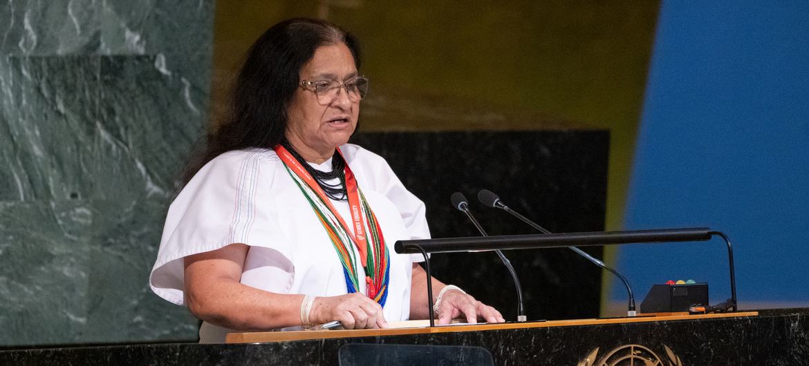 Ambassador Leonor Zalabata Torres of Colombia addresses UN General Assembly members at the launch of the International Decade of Indigenous Languages.