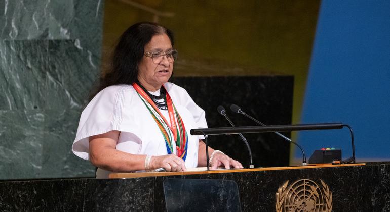ليونور زالاباتا توريس، امرأة من شعب أرهواكو وسفيرة كولومبيا لدى الأمم المتحدة تتحدث خلال فعالية إطلاق العقد الدولي للغات الشعوب الأصلية 