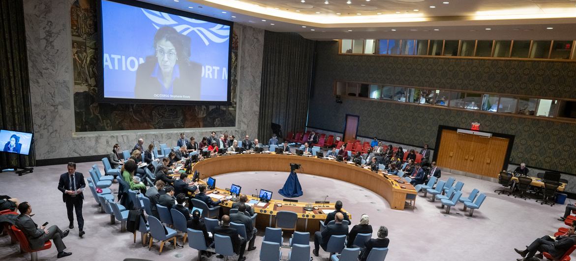 Stephanie Koury (on screen), Deputy Special Representative for Political Affairs for Libya addresses the Security Council.