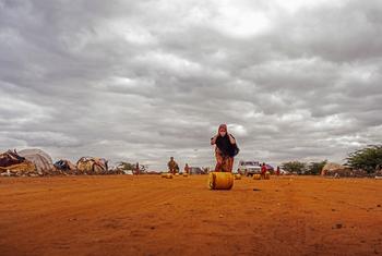 Une jeune fille déplace un conteneur rempli d'eau sur un site pour personnes déplacées à Dolow, en Somalie.