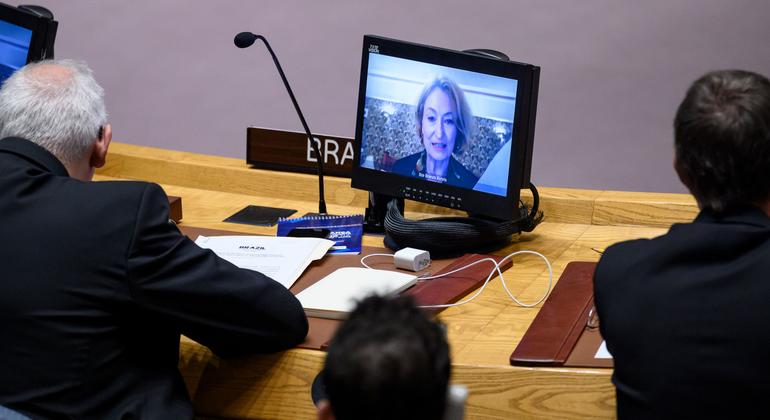     Ilze Brands-Kahris, Assistant Secretary-General for Human Rights at the Office of the United Nations High Commissioner for Human Rights (on screen), speaks during a Security Council meeting on threats to international peace and security.