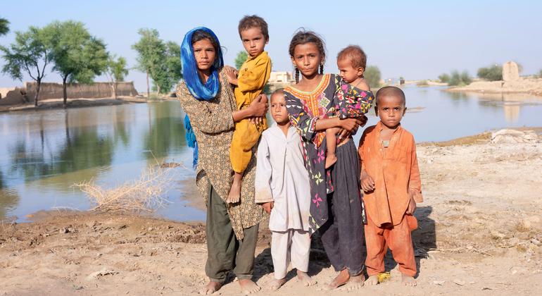 पाकिस्तान के मीरपुर गाँव में कुछ बच्चे, 15 सितम्बर 2022 को, बाढ़ के ठहरे हुए पानी के एक तालाब के निकट.