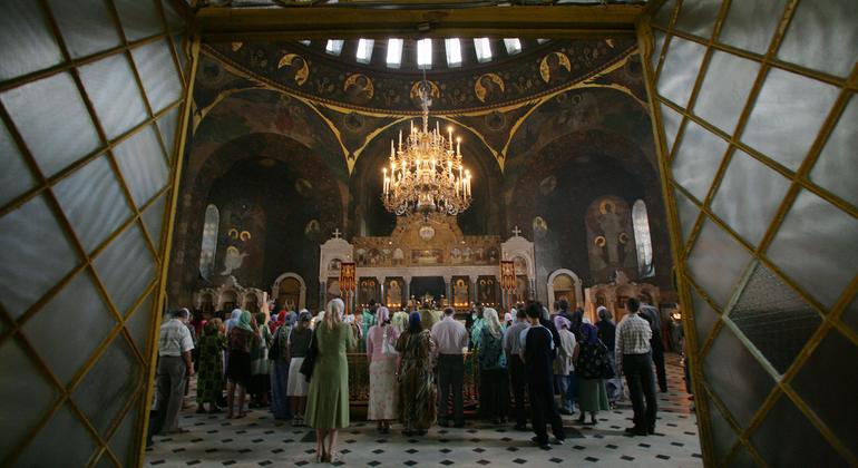 A Sunday mass celebration in the church of the Kyiv-Pechera Lavra, in Kyiv, Ukraine.