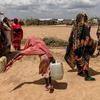 在苏丹境内的一个流离失所者营地，妇女和女孩在为家人取水。