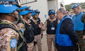 UN Secretary-General António Guterres (right) meets UN peacekeepers from Sri Lanka in Naqoura in southern Lebanon.