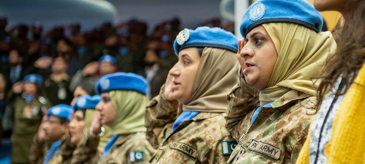 Pakistani women peacekeepers in the audience at the National University of Science and Technology in Islamabad, where Secretary-General António Guterres delivered an address on the topic of peacekeeping.