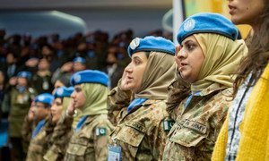 Pakistani women peacekeepers in the audience at the National University of Science and Technology in Islamabad, where Secretary-General António Guterres delivered an address on the topic of peacekeeping.