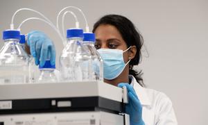 A lab worker in the mRNA technology transfer hub in South Africa, one of the countries selected to establish mRNA vaccine production. 