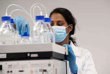 A lab worker in the mRNA technology transfer hub in South Africa, one of the countries selected to establish mRNA vaccine production. 