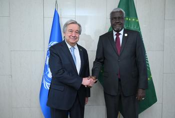 File photo of UN Secretary-General António Guterres (left) and the Chairperson of the African Union, Moussa Faki Mahamat, in Addis Ababa, Ethiopia in February 2023.