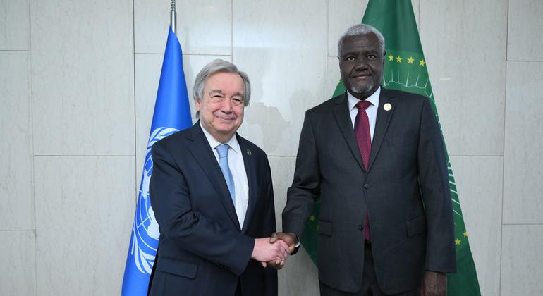 File photo of UN Secretary-General António Guterres (left) and the Chairperson of the African Union, Moussa Faki Mahamat, in Addis Ababa, Ethiopia in February 2023.