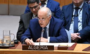 Foreign Minister Ahmed Attaf of Algeria addresses the UN Security Council meeting on the situation in the Middle East, including the Palestinian question.