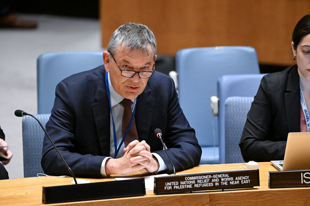 UNRWA Commissioner-General Philippe Lazzarini addresses the UN Security Council meeting on the situation in the Middle East, including the Palestinian question.