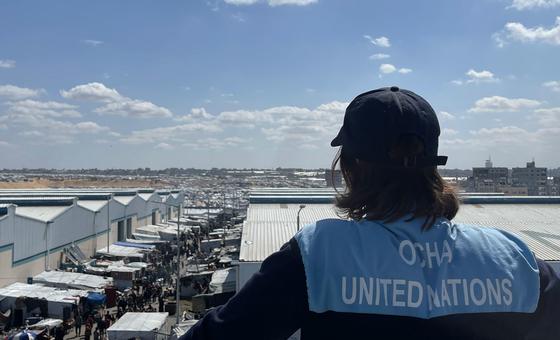 Yasmina Guerda, UN Humanitarian Affairs Officer, looks out over Rafah, Gaza, in March 2024.