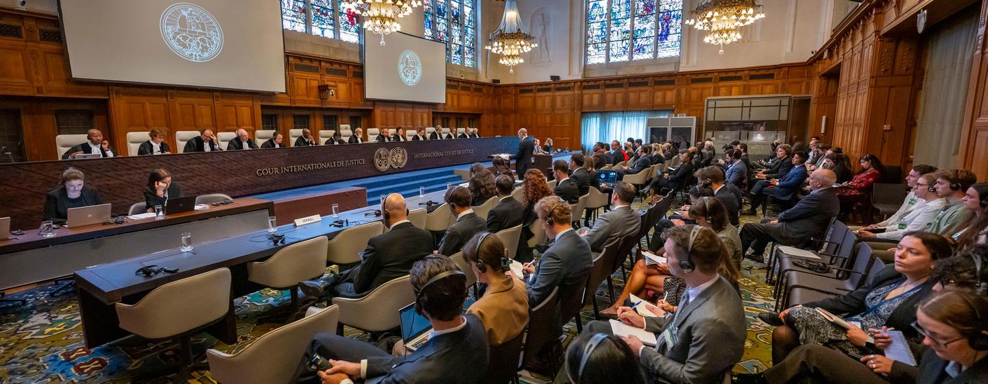 Une vue de la salle d'audience de la Cour internationale de Justice à La Haye dans l'affaire Afrique du Sud c. Israël.