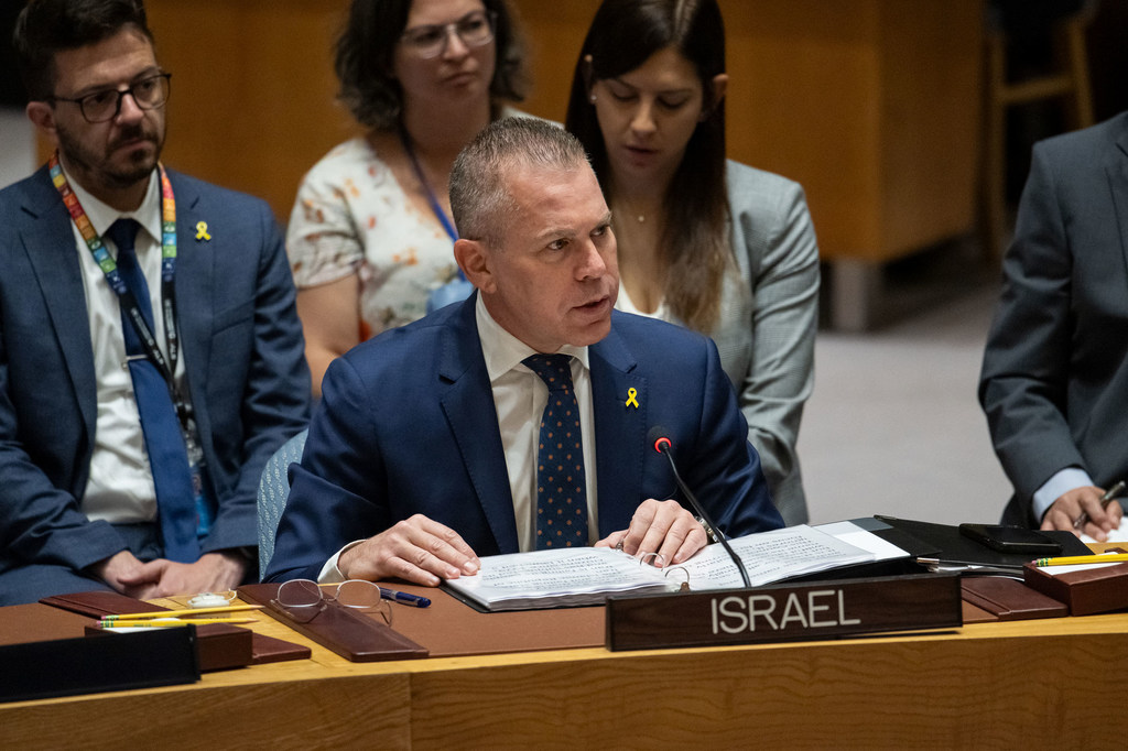Gilad Erdan, Permanent Representative of Israel to the UN, addresses the Security Council meeting on the situation in Gaza.